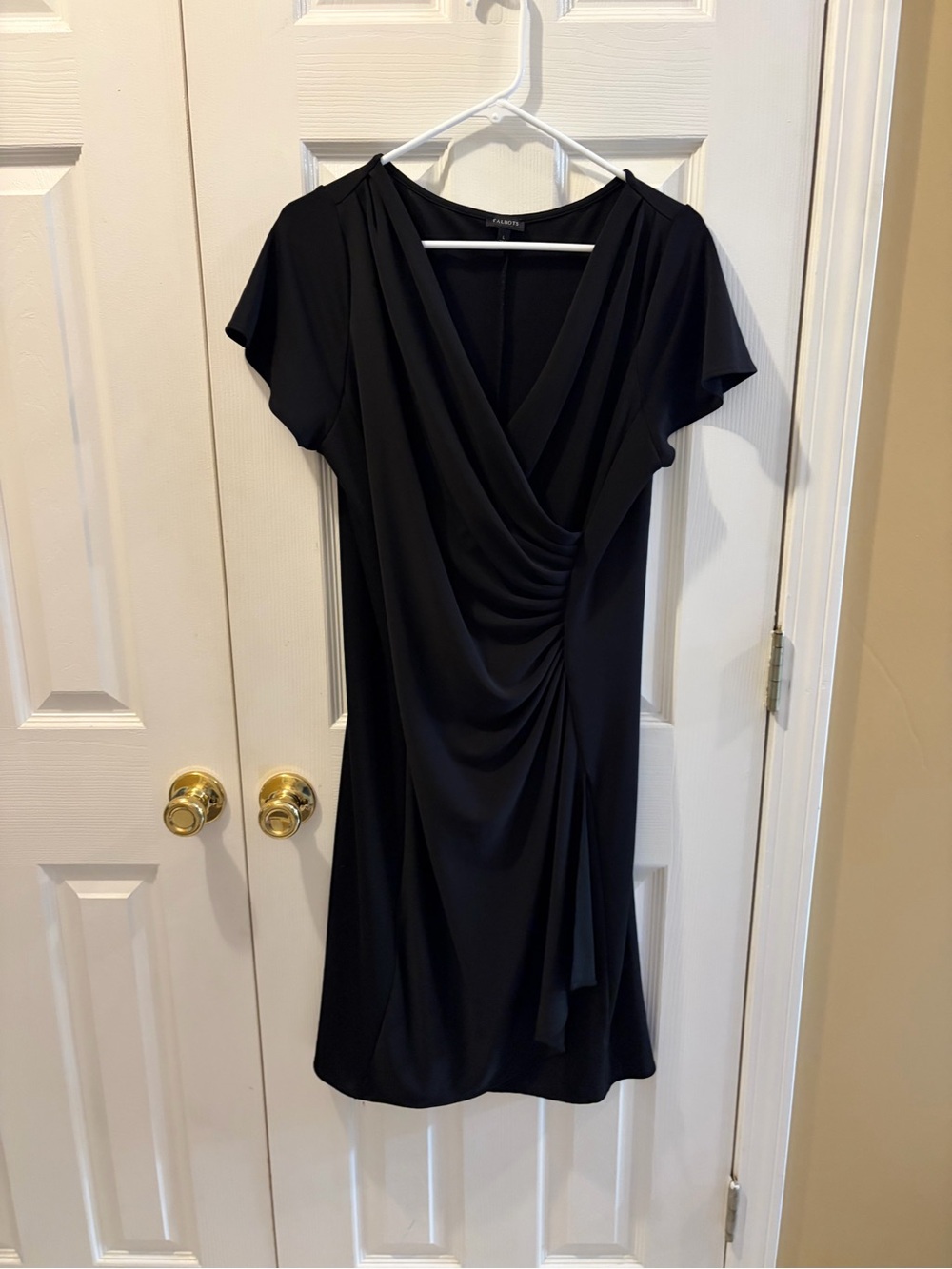 Talbots Black Draped Faux-Wrap Midi Dress